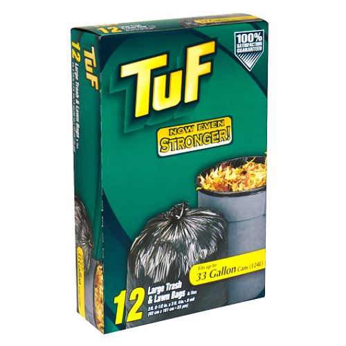 Bagzilla TuF Trash & Lawn Bags, Large, Black, 1 box (12 large trash bags) 33 Gallons (124 l)