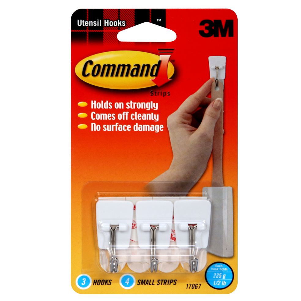 3M Command Utensil Hook with Strips - 3 Hooks & 4 Strips