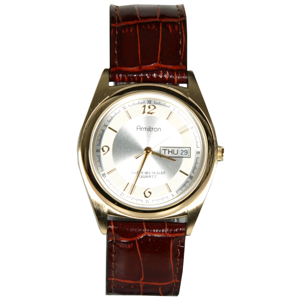 Armitron Gents Calendar Day/Date Watch w/Round White Dial & Brown Croco Leather Band