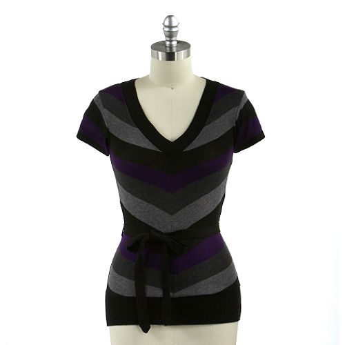 Shopping Dudes Hot Deal for: Byline Short Sleeve Stripe V-neck Sweater with Ti