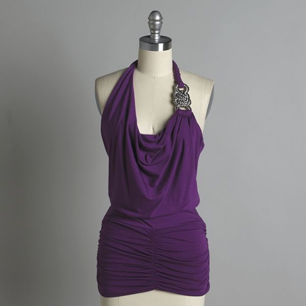 Fit: Juniors plus, Color: Plum, Size: 1X Junior's Drapeneck Halter