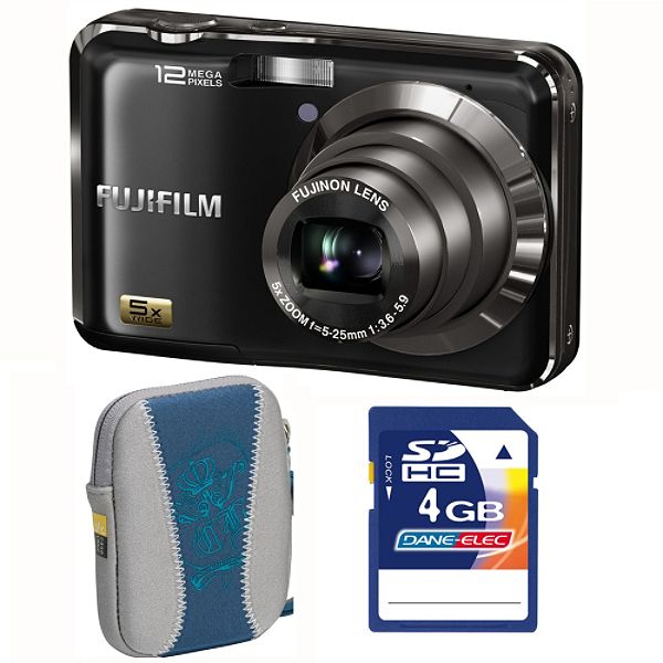 Fuji FinePix AX200 Black 12MP Digital Camera, Blue Carry Case, 4 GB