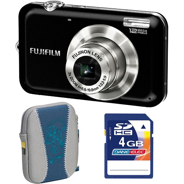 Fuji FinePix JV100 Black 12MP Digital Camera, Blue Carry Case, 4 GB