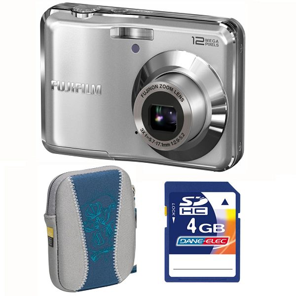 Fuji FinePix AV100 Silver 12MP Digital Camera, Blue Carry Case, 4 GB