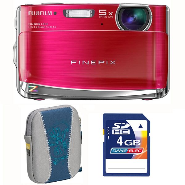 Fuji FinePix Z70 Rasberry 12MP Digital Camera, Blue Carry Case, 4 GB
