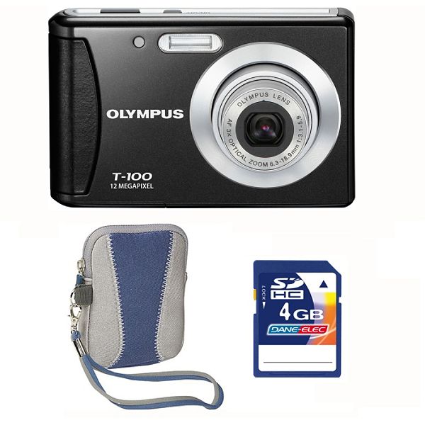 Olympus T100 Black 12MP Digital Camera, 4GB SD card & Blue Carry Case