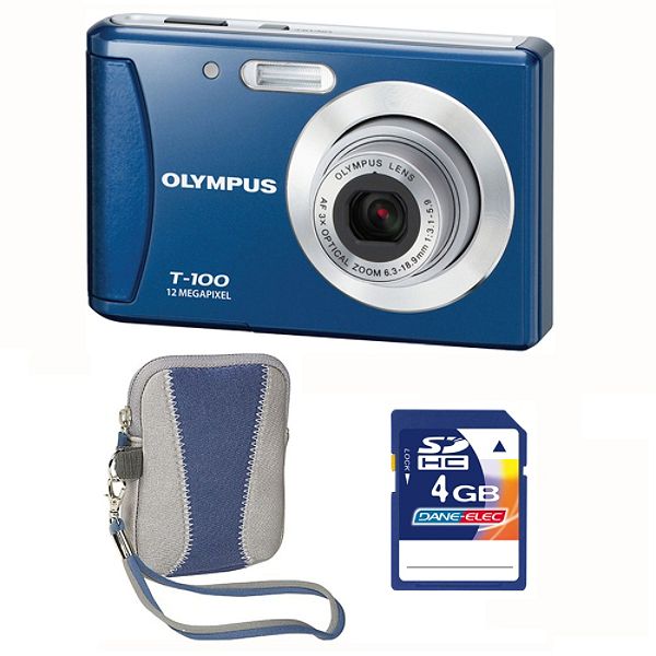 Olympus T100 Blue 12MP Digital Camera, 4GB SD card & Blue Carry Case