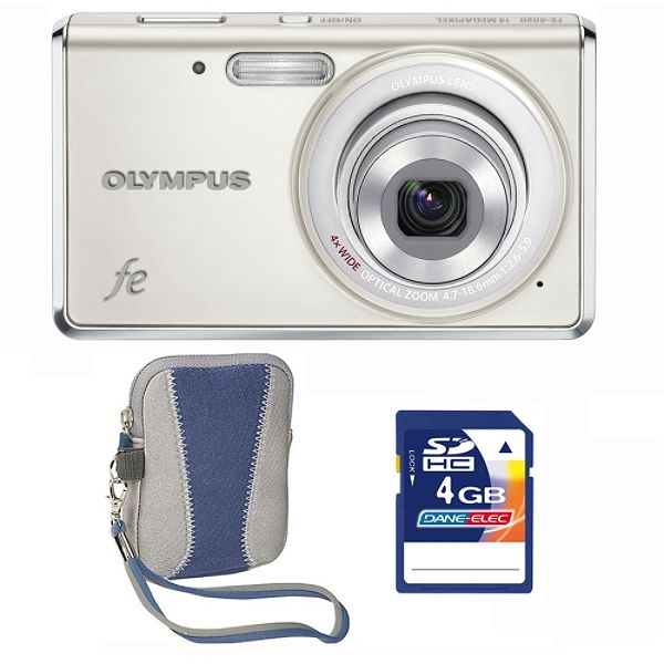 Olympus FE-4020 White 14MP Digital Camera, 4GB SD card & Blue Carry