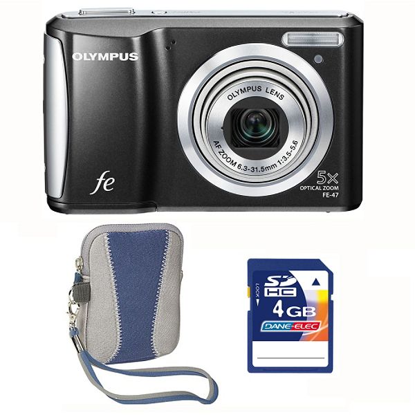 Olympus FE-47 Black 14MP Digital Camera, 4GB SD card & Blue Carry Case