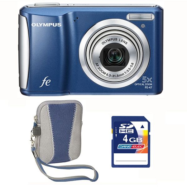 Olympus FE-47 Blue 14MP Digital Camera, 4GB SD card & Blue Carry Case