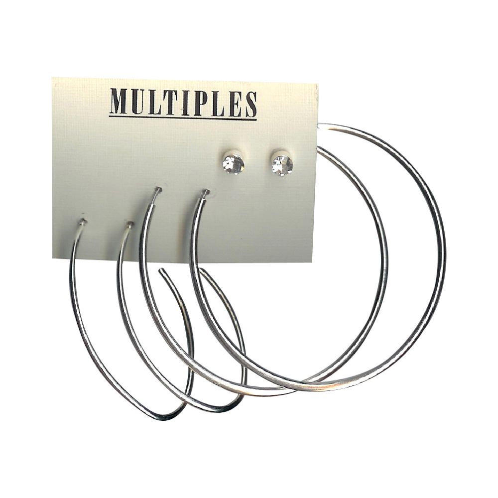 Multiples 3 pc. Silver Hoops with Crystal Stud Earring Set
