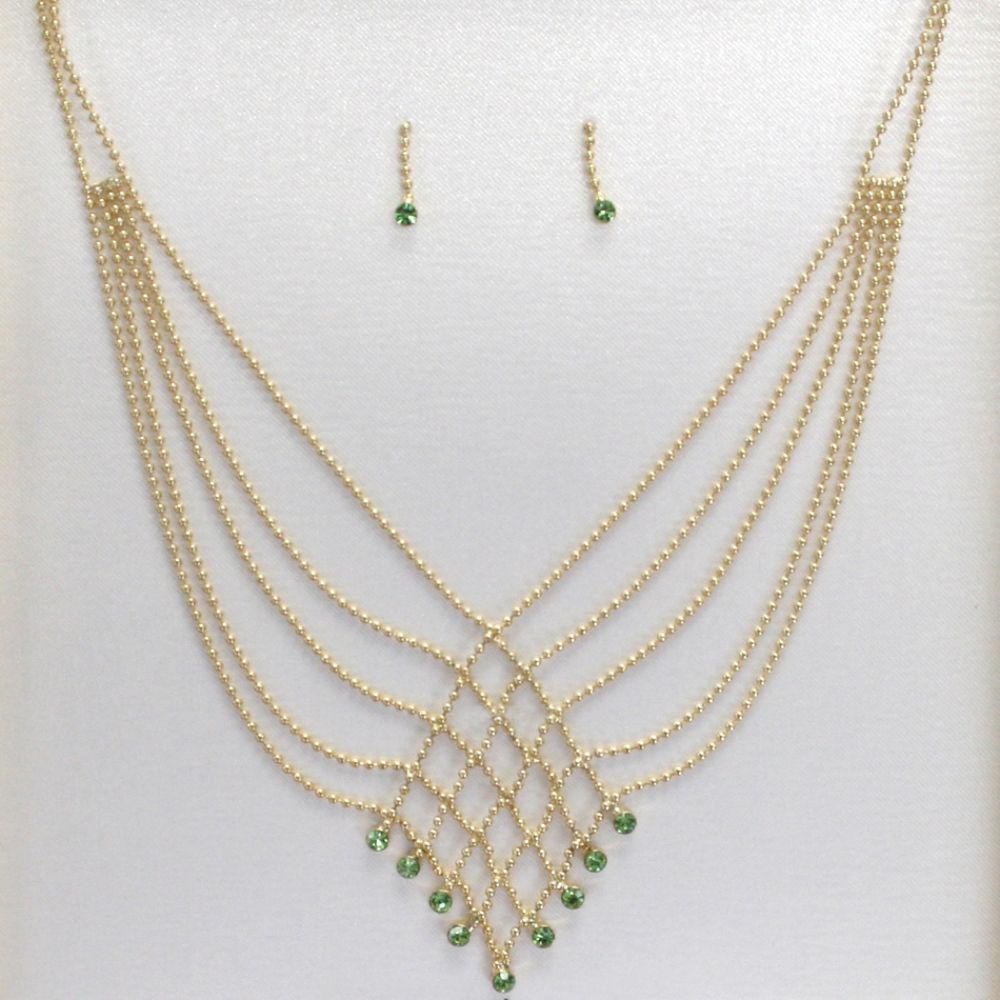 Goldtone/Peridot 5-Strand Necklace and Earring Set