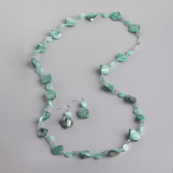 Great Price Multiples Aqua Long Bead and Shell Necklace with Earrings