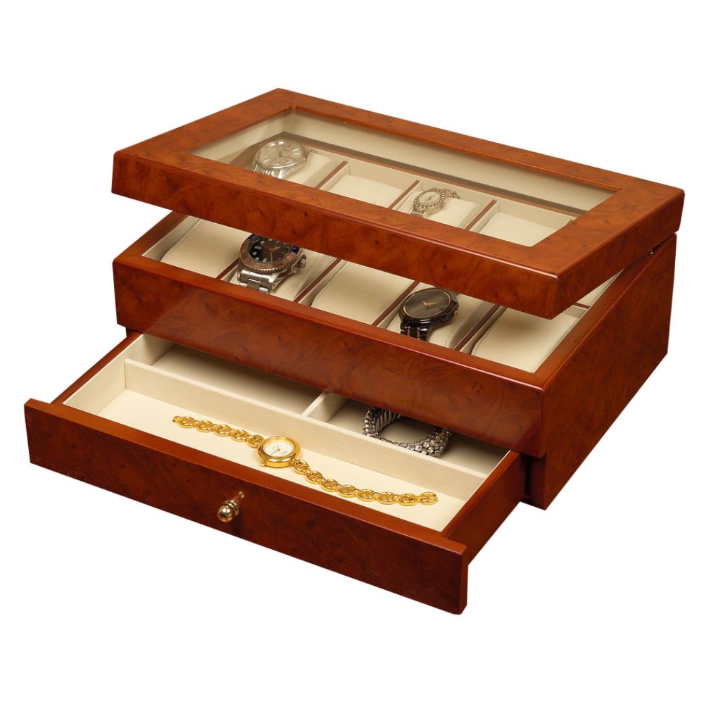Morgon Burlwood  Oak Watch Case WIth 10 Padded Watch Cushions