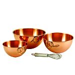 Old Dutch Solid Copper Beating Bowls (6 ,7 ,8 ) , 2 Qt, 2Qt, 1 Pt.W/Wisk
