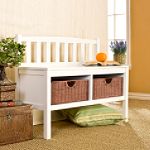 Southern Enterprises, White Bench W/ Brown Rattan Baskets

