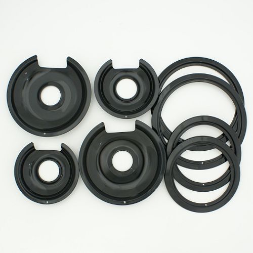 Range Kleen 2 - 6" and 2 - 8" black porcelain drip pans - 4 pack