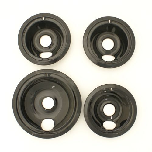 Range Kleen 3 - 6" and 1 - 8" black porcelain drip pans - 4 pack