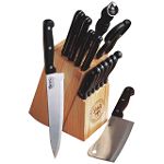 Basic Essentials 15 pc. Pine Cutlery Set with Triple-Riveted Bakelite Handles in Block Holder