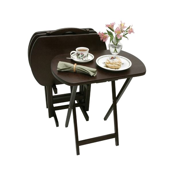 Lipper 5 Piece Set of 4 Espresso Oversized TV Tray Tables with Stand