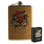 Ed Hardy Love Kills Slowly Embroidered Leather Flask w/ Gift Box 8oz