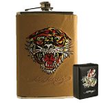Ed Hardy Tiger Open Mouth Embroidered Leather Flask w/ Gift Box 8oz
