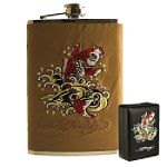 Ed Hardy Koi Embroidered Leather Flask w/ Gift Box 8oz