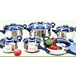 Allied 12PC STAINLESS STEEL COOKWARE SET, BLUE GLASS LIDS