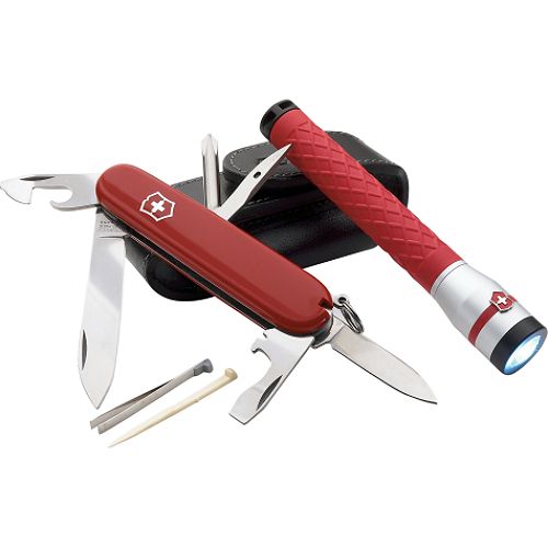 Victorinox Tinker Knife, Red Rubber Grip Flashlight and Pouch Combo - 58323