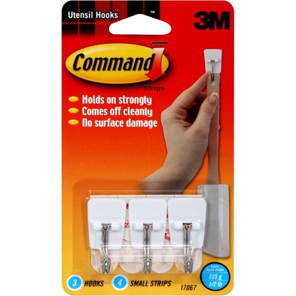 3M Command Utensil Hook with Strips - 3 Hooks & 4 Strips