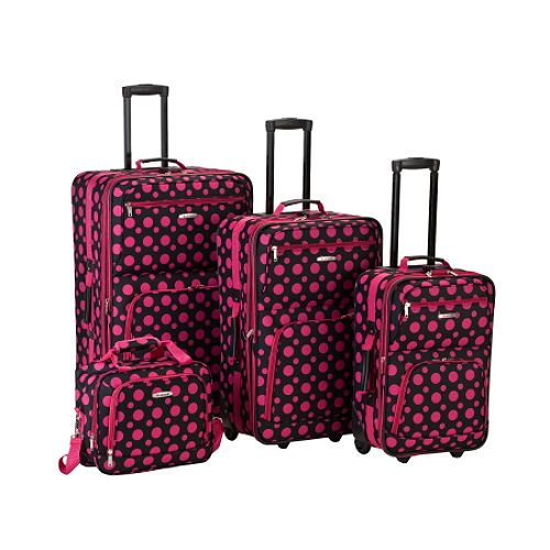 Rockland 4 PC LUGGAGE SET, BLACK/PINK DOT