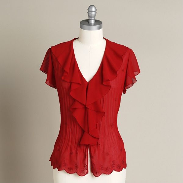New York City Design Petite Cap Sleeve Tonal Embroidery Blouse