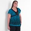 Junior's Plus Charmuese Top Teal Border Print