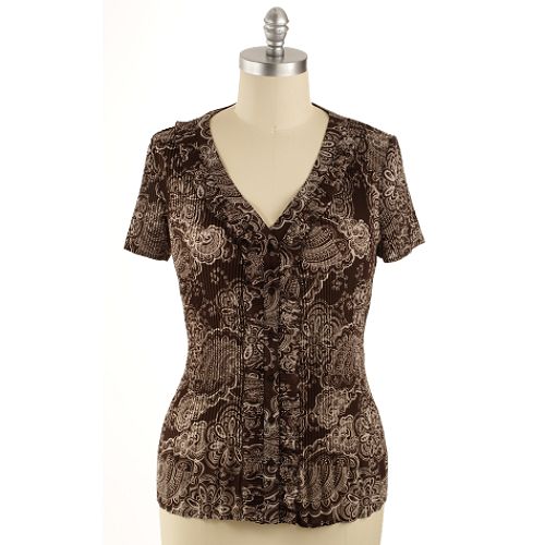 Fred David Women's Plus Short Sleeve Printed Ruffle Pleat Blouse