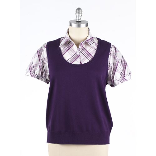 Fred David Women's Plus Short Sleeve Plaid Layered Sweater