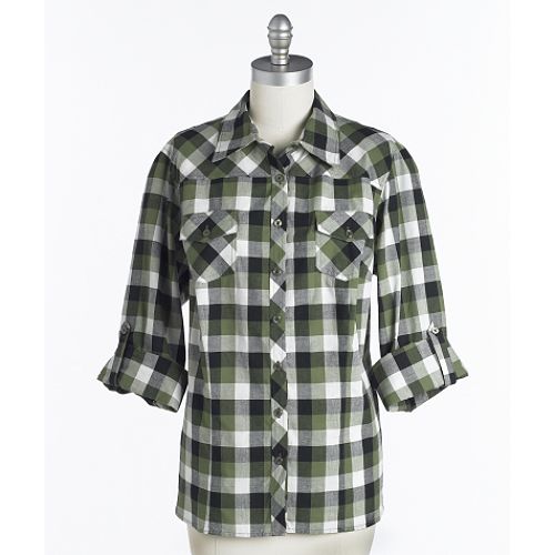Signature by Larry Levine Women's Plus Roll Sleeve Buffalo Plaid Woven