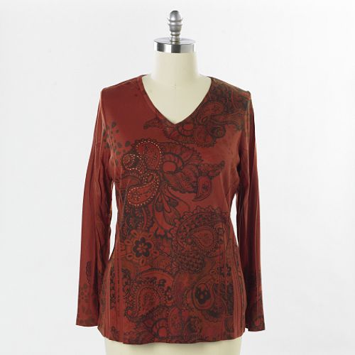 SuZee T Women's Plus Long Sleeve V-Neck Waffle Sublimation-Drifting Paisley