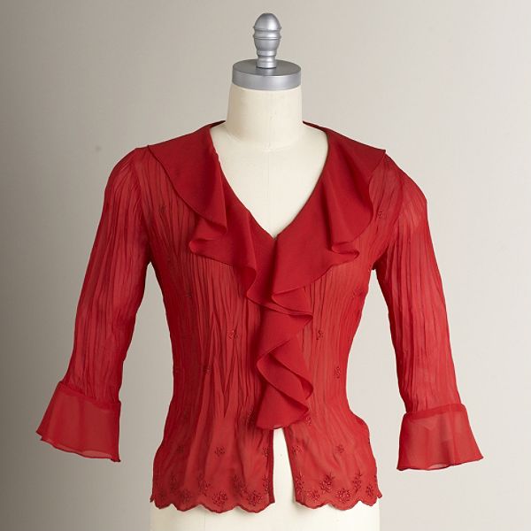 New York City Design Petite 3/4 Sleeve Tonal Embroidery Blouse