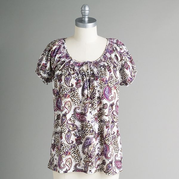 One Step Up Women's Short Sleeve Peasant Print Blouse - Petite