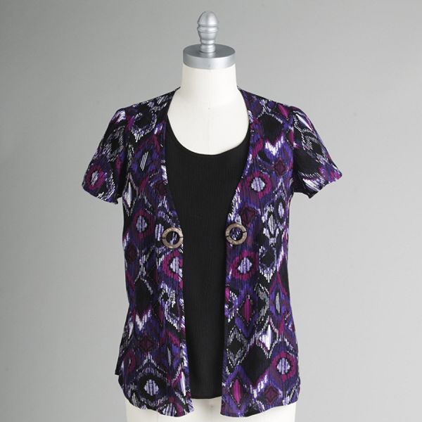 Sag Harbor Women's Short Sleeve Duet Blouse with Crinkle - Petite