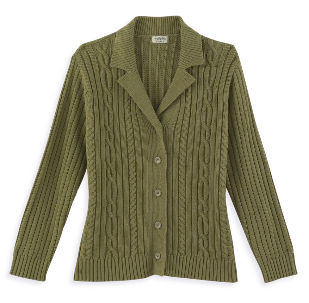 Classic Elements Women's Plus Cable & Rib Notch Collar Cardigan