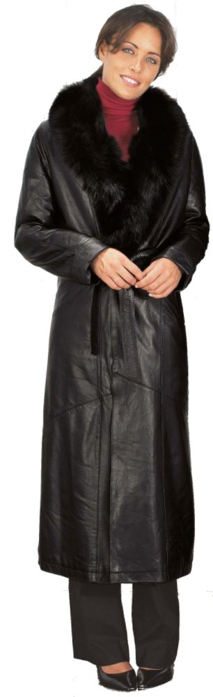Excelled Ladies Premium Lambskin Full Length Coat with Detachable FOX Collar