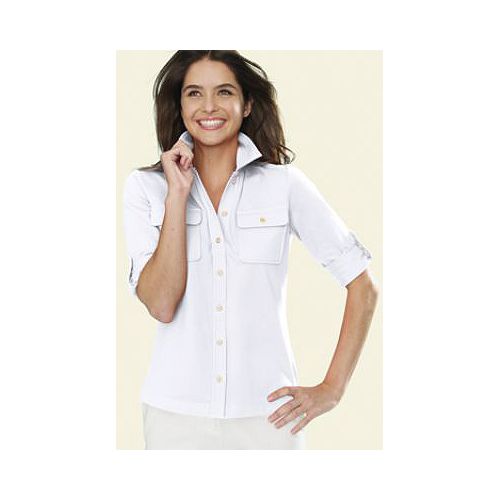 Lands' End Women's Regular 3/4-sleeve Solid Stretch Button-front Mesh Pocket Polo Shirt