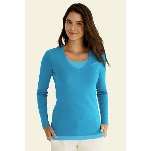 Lands' End Women's Regular Long Sleeve Solid 1x1 Rib Deep V-neck Layering T-shirt