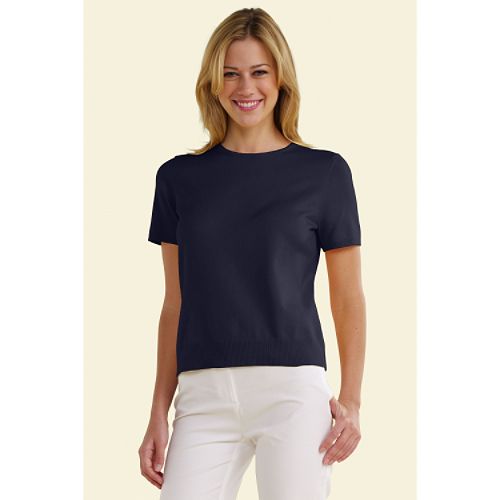 Lands' End Women's Petite Short Sleeve Fine Gauge Cotton Jewelneck Sweater