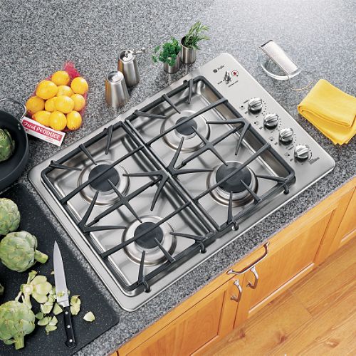 GE Stainless Steel w Black 30" Built-In Gas Cooktop JGP945