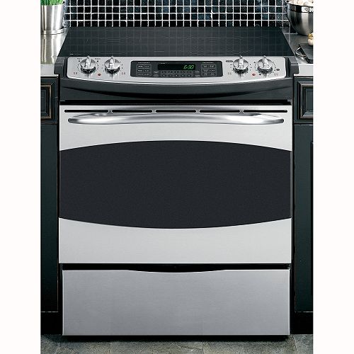 GE Profile Stainless-on-Black 30" Electric Self-Clean Convection Slide-In Range with...
