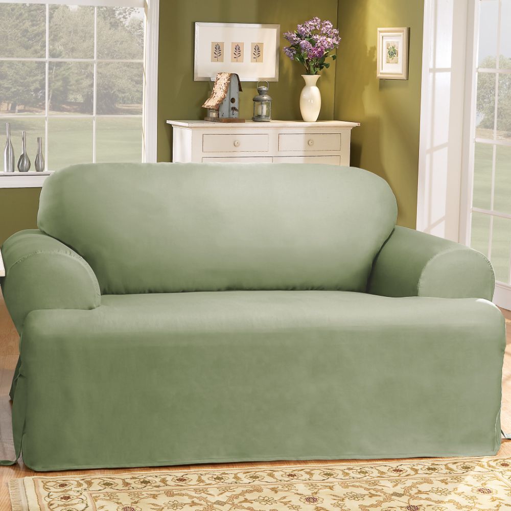 Sure Fit Duck Solid Sage T-Cushion Loveseat Slipcover