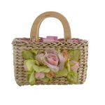 Toby N.Y.C. Girl's Wood Handle Natural Handbag with Flower Cluster