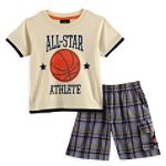 Hype-Your-Color Toddler Boy's Basketball Graphic Crew and Plaid Cargo Shortset